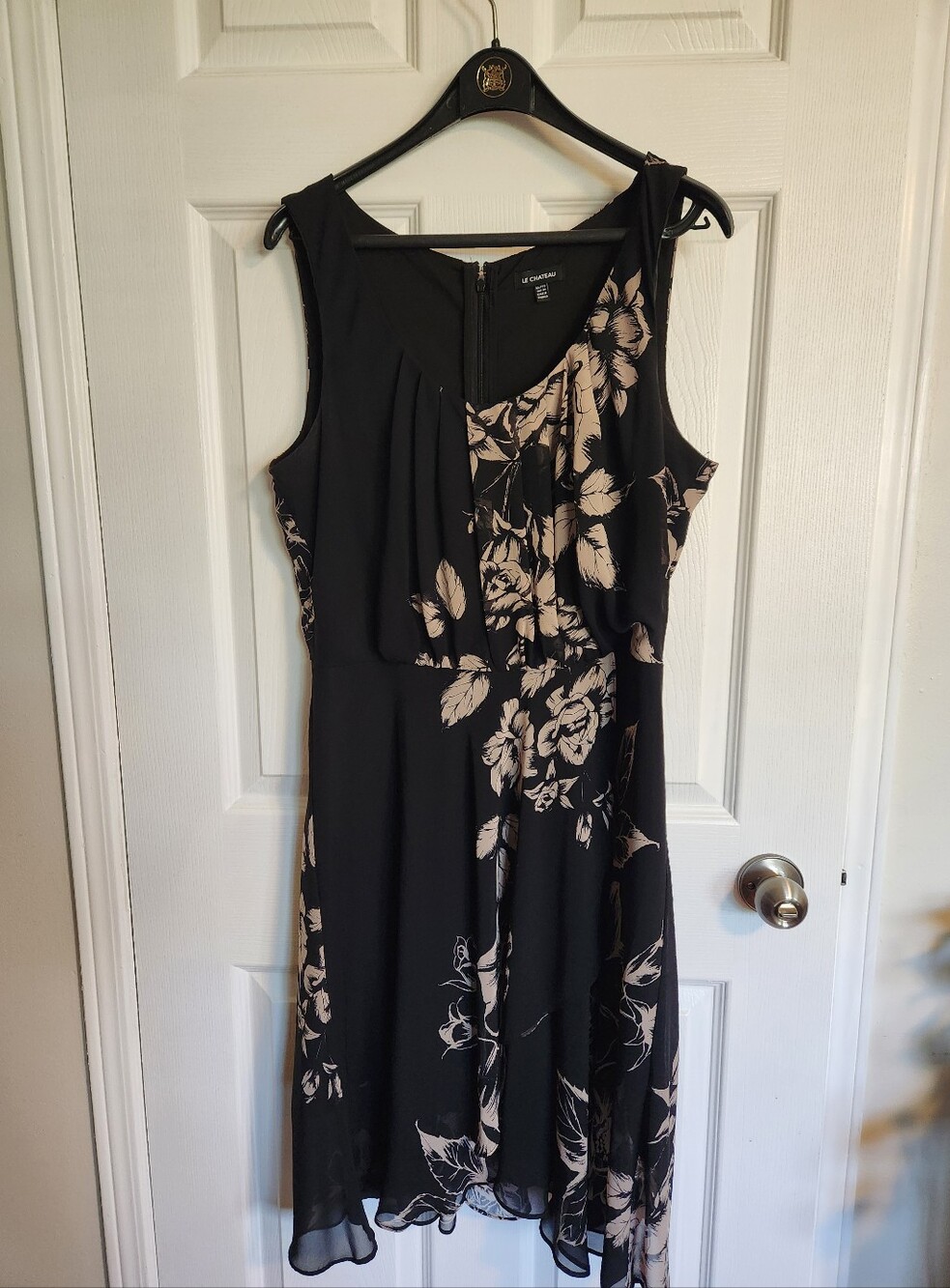 le chateau Black Dress with Cream Floral Print XL